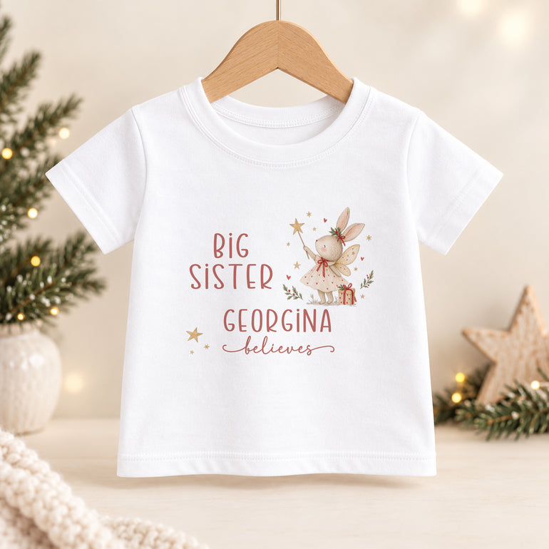 Personalised Big Sister Christmas T-shirt with fairy bunny, name Georgina, star wand and festive Believes wording