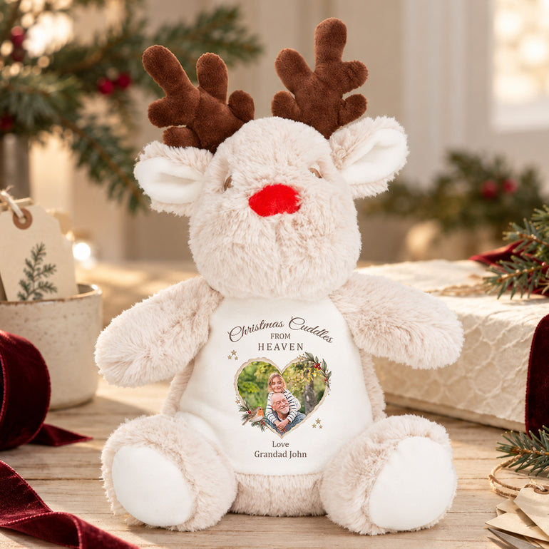 Personalised Christmas memorial reindeer soft toy with heart photo, robin design and Christmas Cuddles From Heaven wording for Grandad John