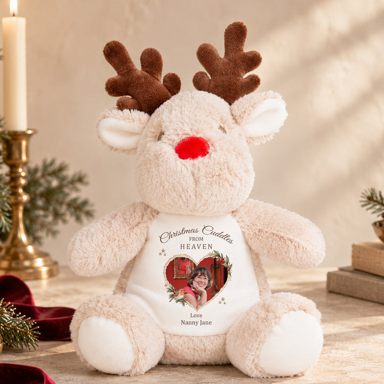 Christmas Cuddles From Heaven personalised memorial reindeer with heart-shaped photo and Nanny Jane remembrance wording