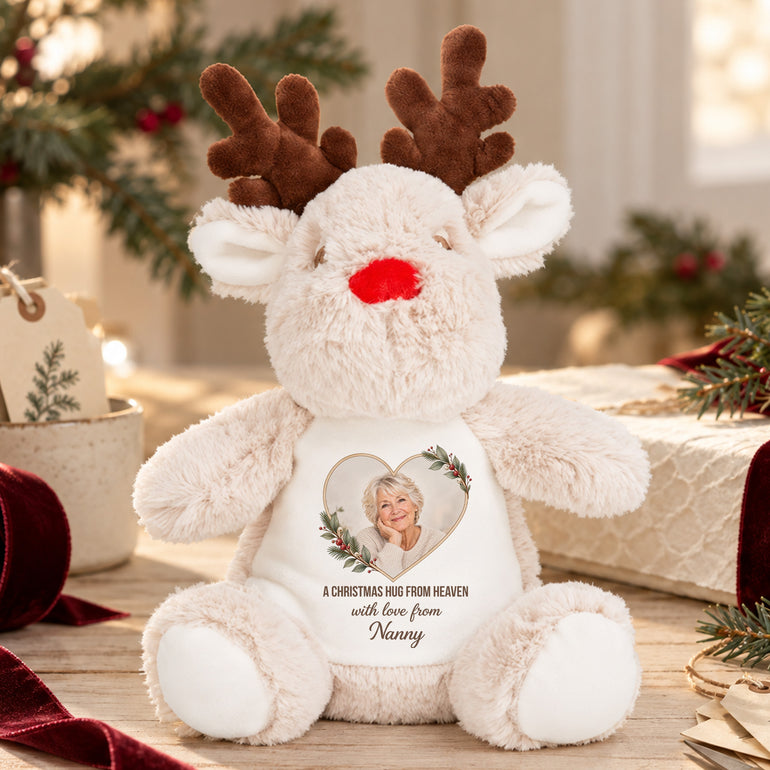 Personalised memorial reindeer soft toy with Nanny photo, festive heart design and A Christmas Hug From Heaven wording