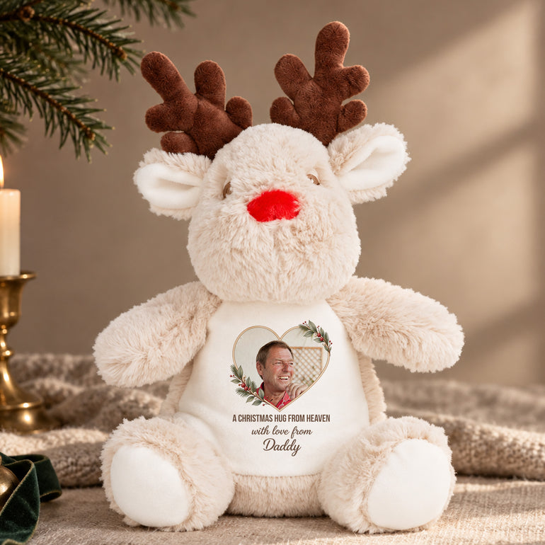 Personalised Christmas memorial reindeer soft toy with heart photo and A Christmas Hug From Heaven Daddy remembrance design