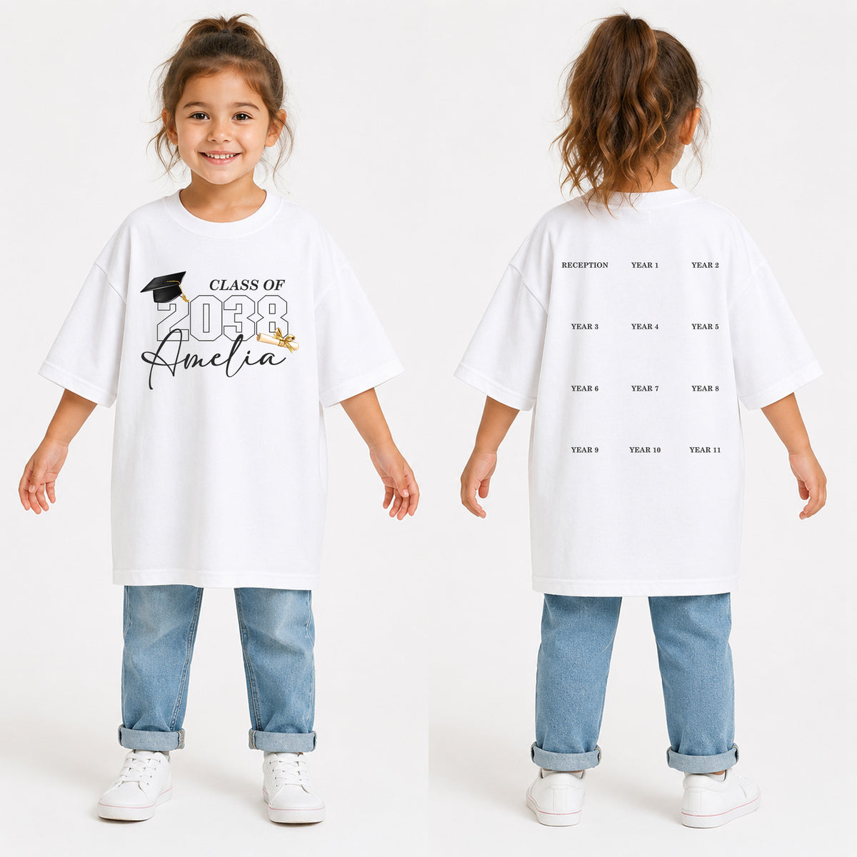 Personalised white school handprint keepsake T-shirt with child's name and Class of year on front and Reception to Year 11 handprint spaces on back.
