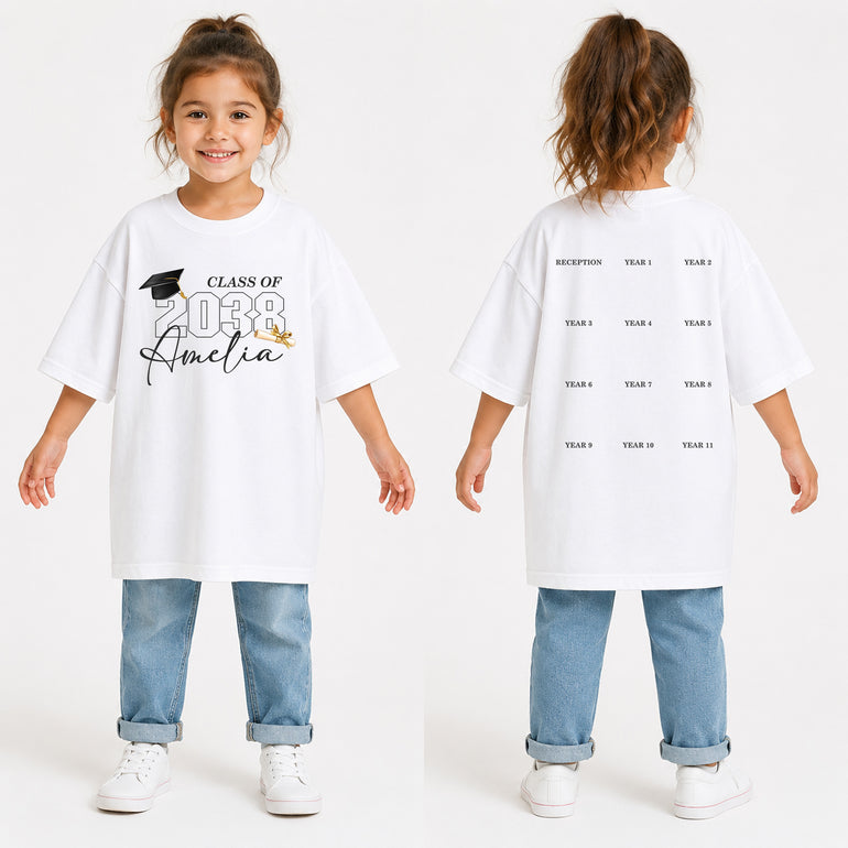 Personalised white school handprint keepsake T-shirt with child's name and Class of year on front and Reception to Year 11 handprint spaces on back.