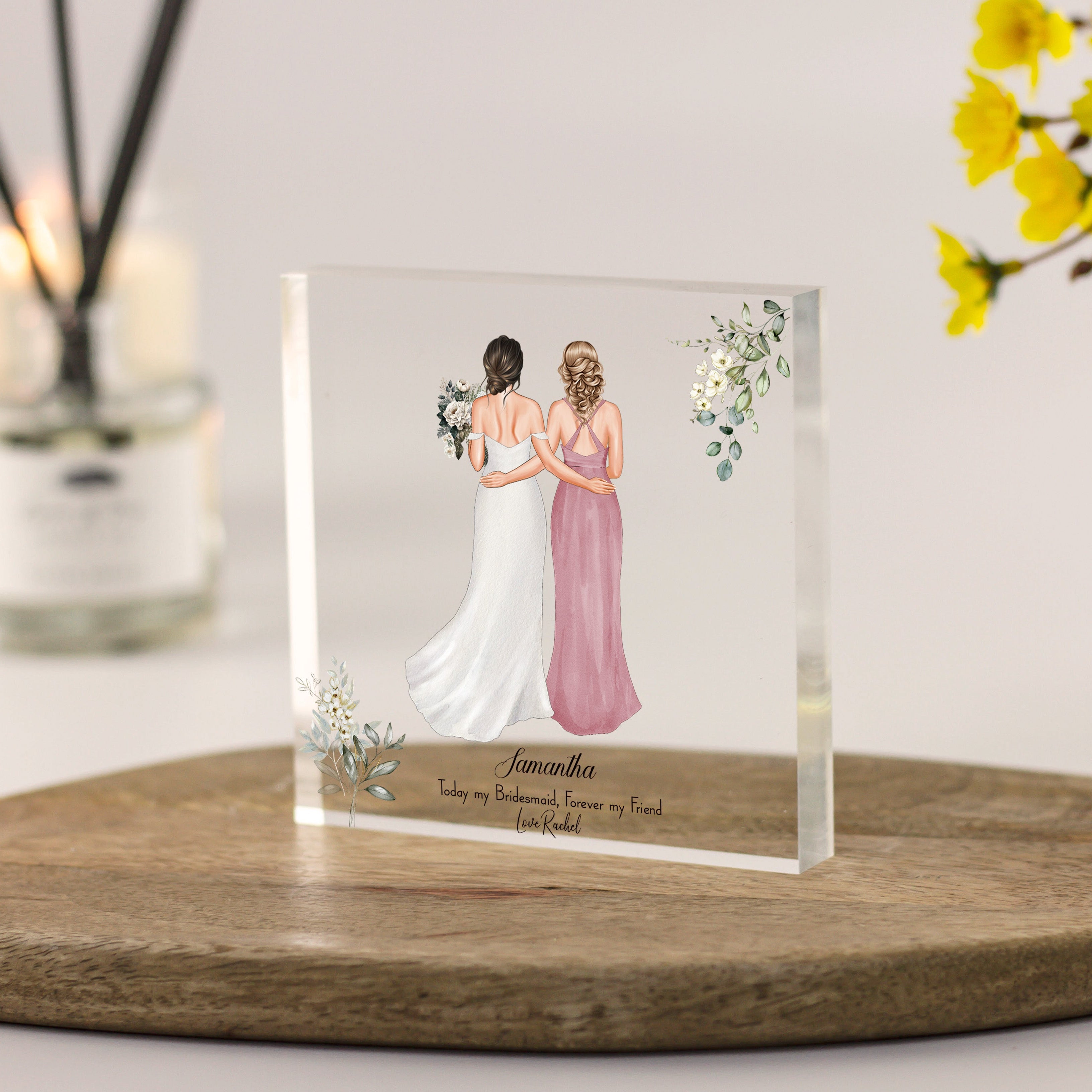 Personalised bride and bridesmaid acrylic block with custom illustration