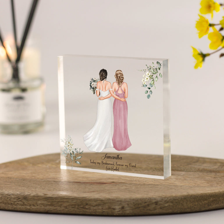 Personalised bride and bridesmaid acrylic block with custom illustration