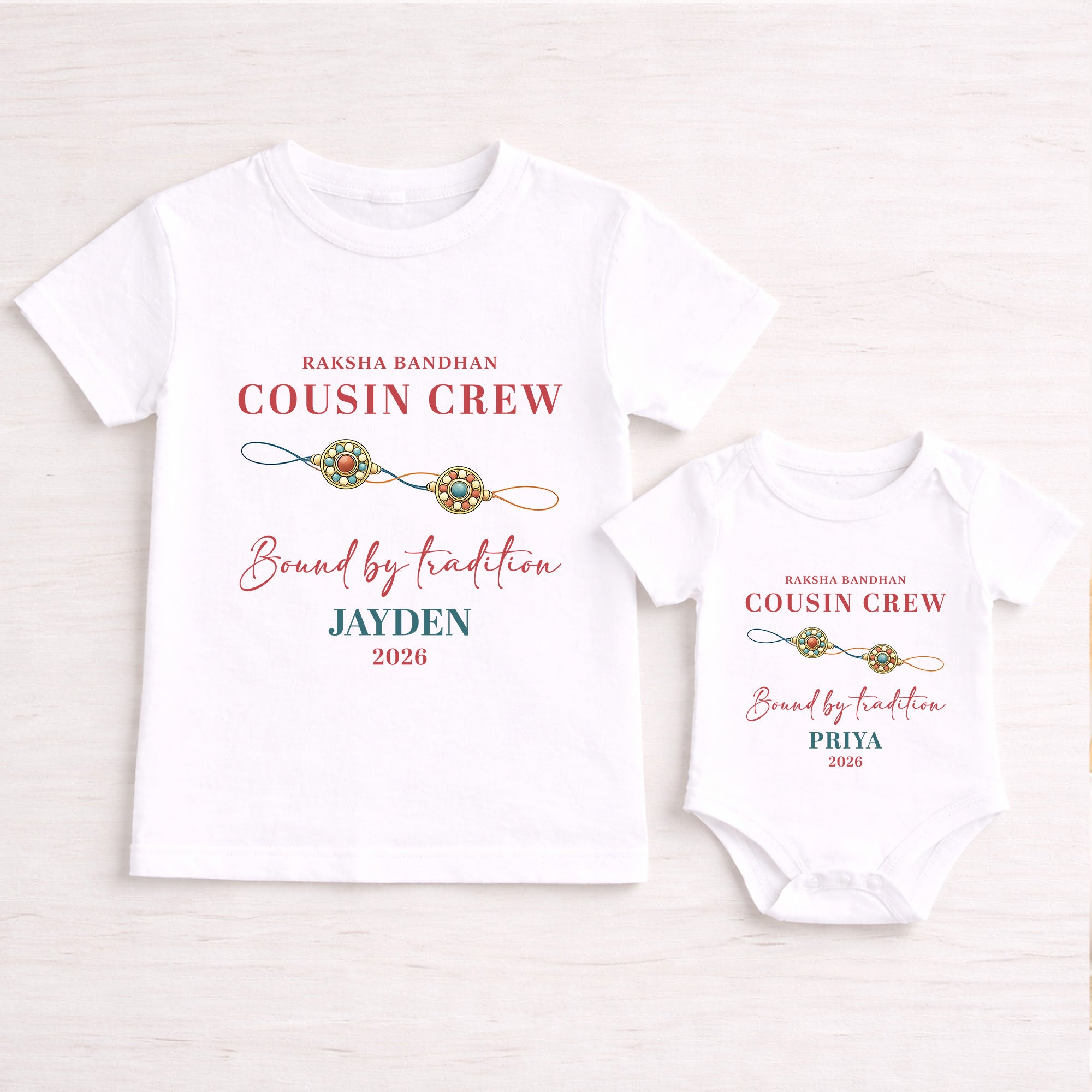 White children’s T-shirt and baby vest personalised with Raksha Bandhan Cousin Crew names and Bound by Tradition wording.