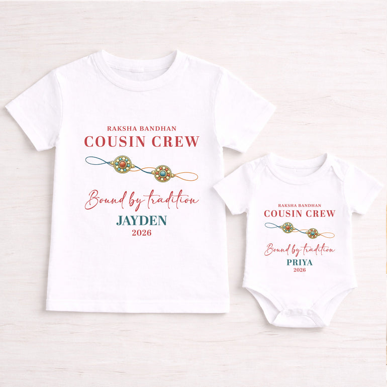 White children’s T-shirt and baby vest personalised with Raksha Bandhan Cousin Crew names and Bound by Tradition wording.