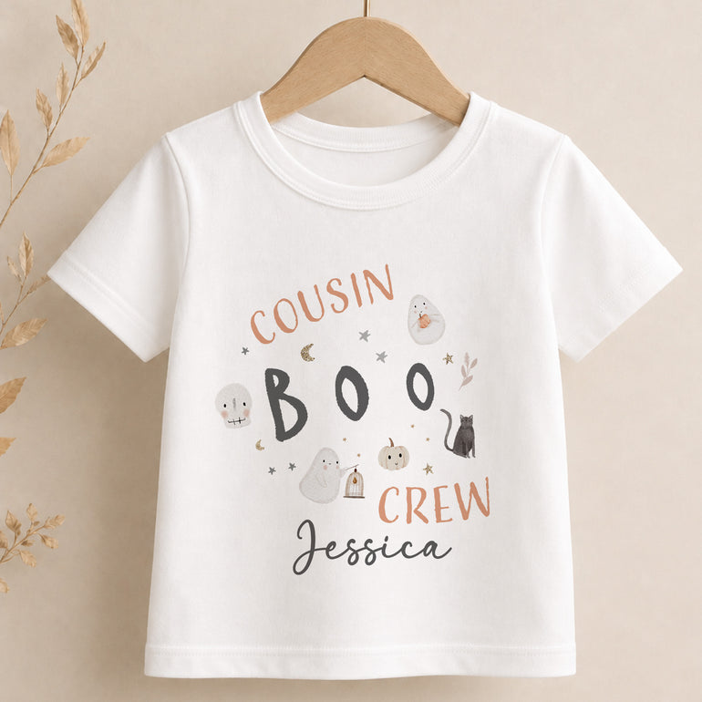 Personalised kids Cousin Boo Crew Halloween T-shirt with custom name Jessica, ghosts pumpkin cat and stars