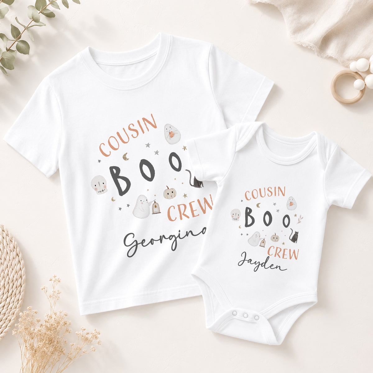 Personalised Cousin Boo Crew matching Halloween kids T-shirt and baby vest with individual child names