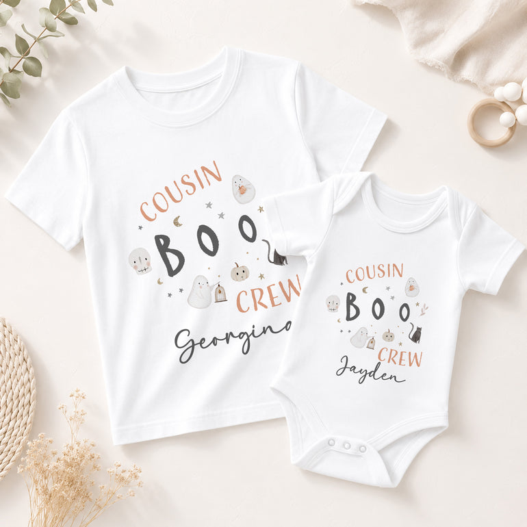 Personalised Cousin Boo Crew matching Halloween kids T-shirt and baby vest with individual child names