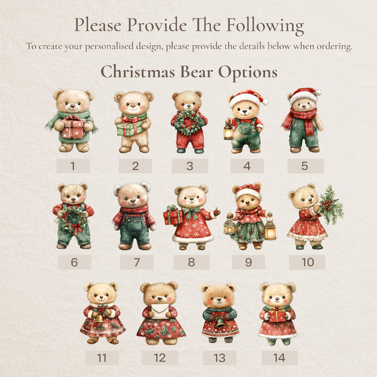 Christmas bear options 1 to 14 to choose a bear for each cousin on the Christmas Cousin Crew jumper