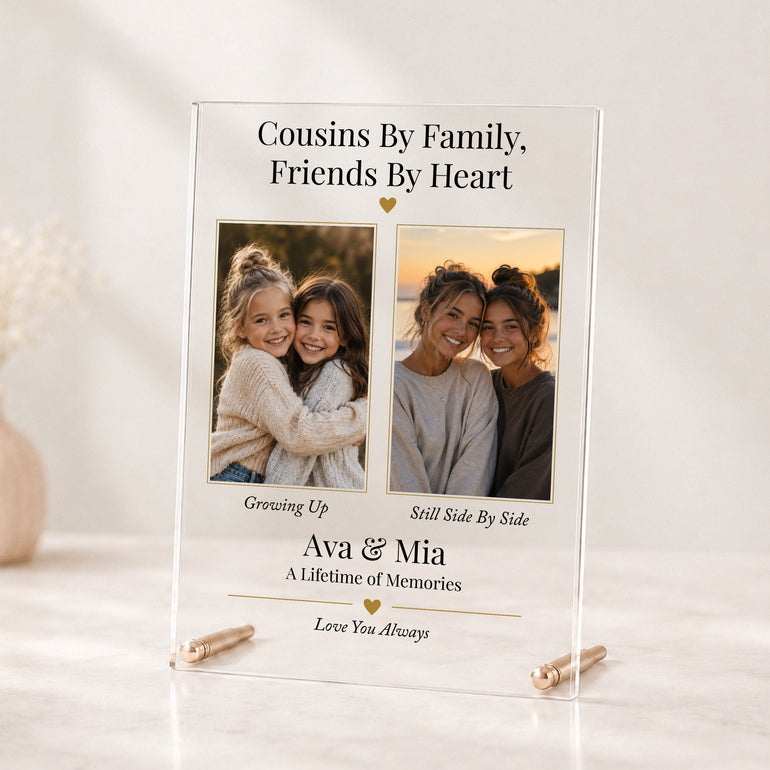 Personalised cousins acrylic photo plaque with childhood and recent photographs, two names and rose gold display rods