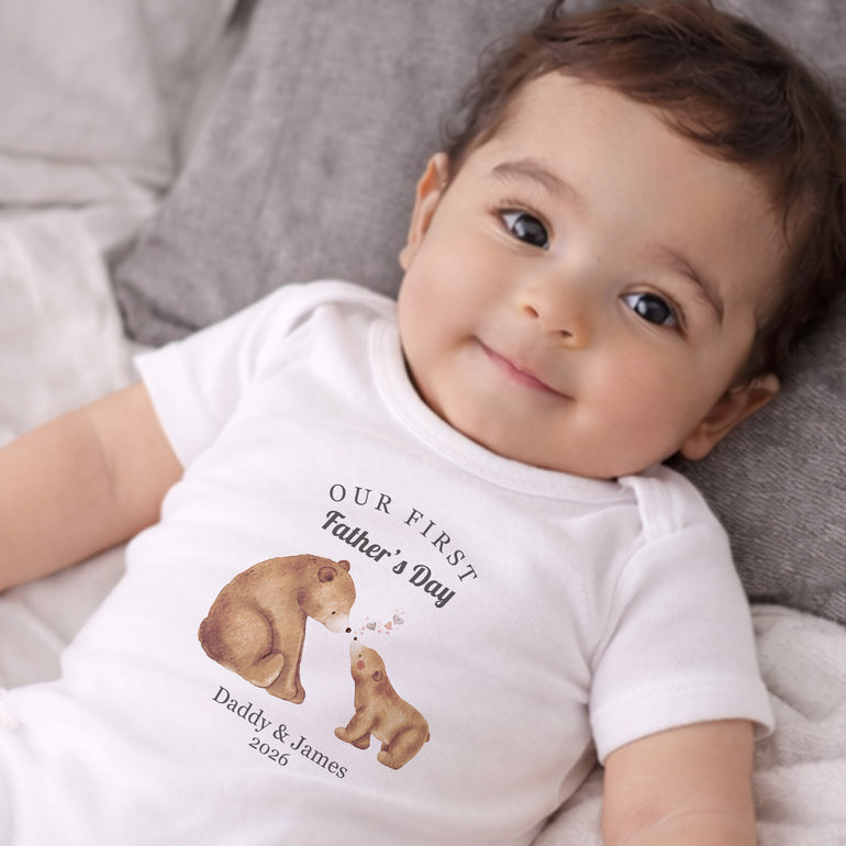Personalised First Father’s Day baby vest with Bear and Cub design, custom Daddy and child names.