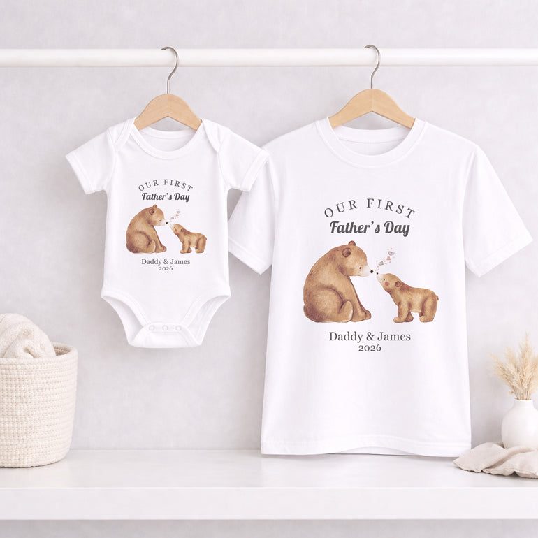 Personalised Bear and Cub First Father’s Day matching adult T-shirt and baby vest with custom names and year.