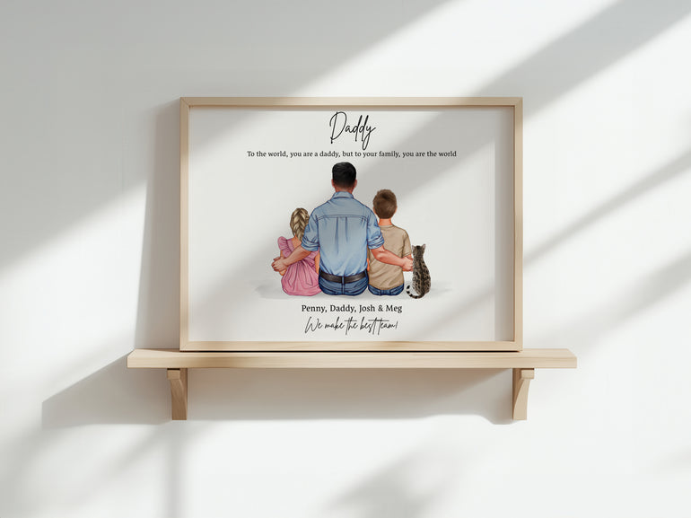 Personalised dad and children portrait print framed on shelf