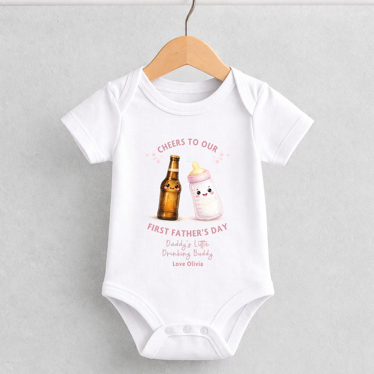 first fathers day baby outfit pink personalised beer bottle and milk bottle