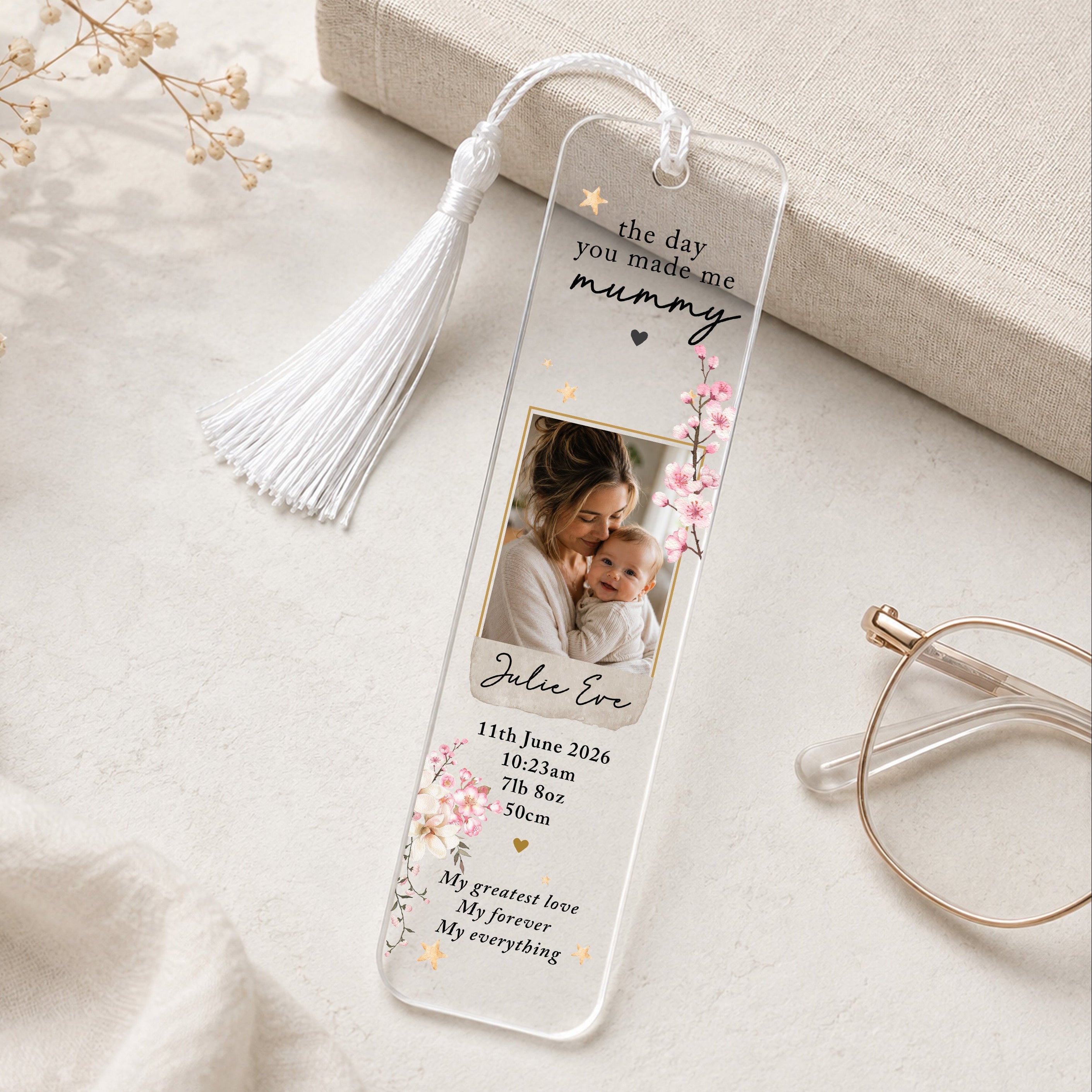 Personalised new Mum baby photo bookmark with birth details, pink floral design and white tassel.