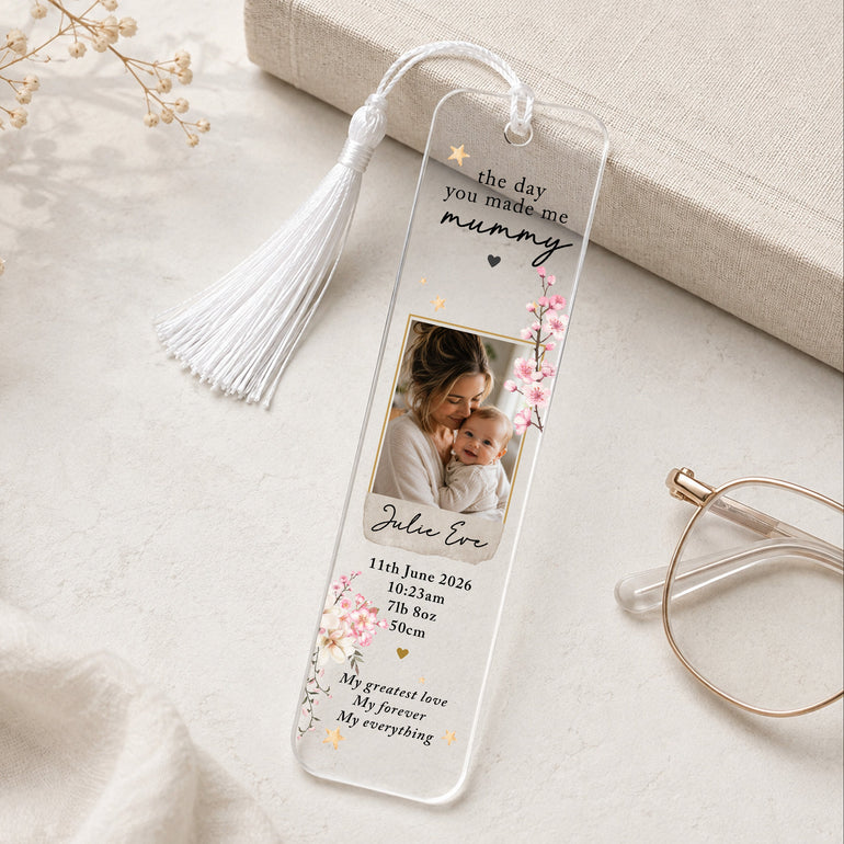 Personalised new Mum baby photo bookmark with birth details, pink floral design and white tassel.