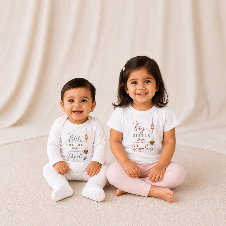 Children wearing matching big sister and little brother Diwali outfits