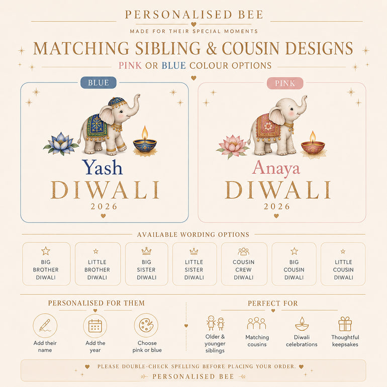 Personalised Diwali clothing pink and blue elephant design options for children