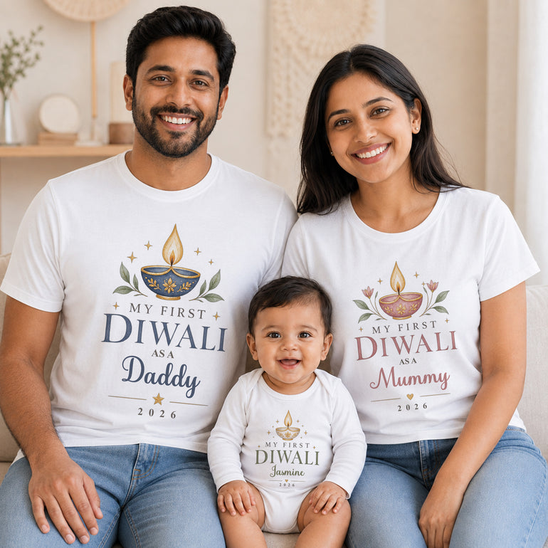 Matching personalised First Diwali family outfits for Mummy Daddy and baby