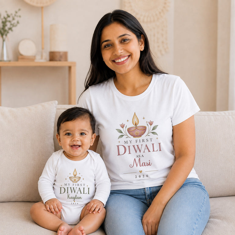 Personalised matching First Diwali outfit for Masi and baby with name and year