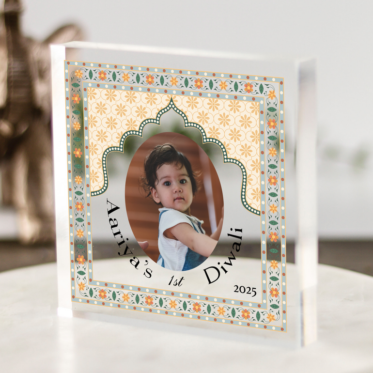Personalised baby’s 1st Diwali photo block keepsake, acrylic freestanding memory gift with name, year, and photo