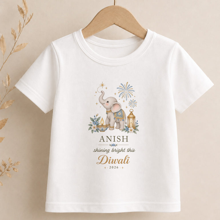 Personalised Diwali kids T-shirt with blue elephant Shining Bright name design