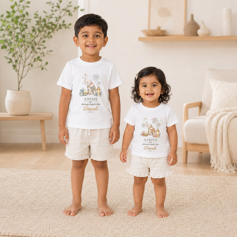 Matching personalised Diwali outfits for siblings cousins or friends with pink and blue designs