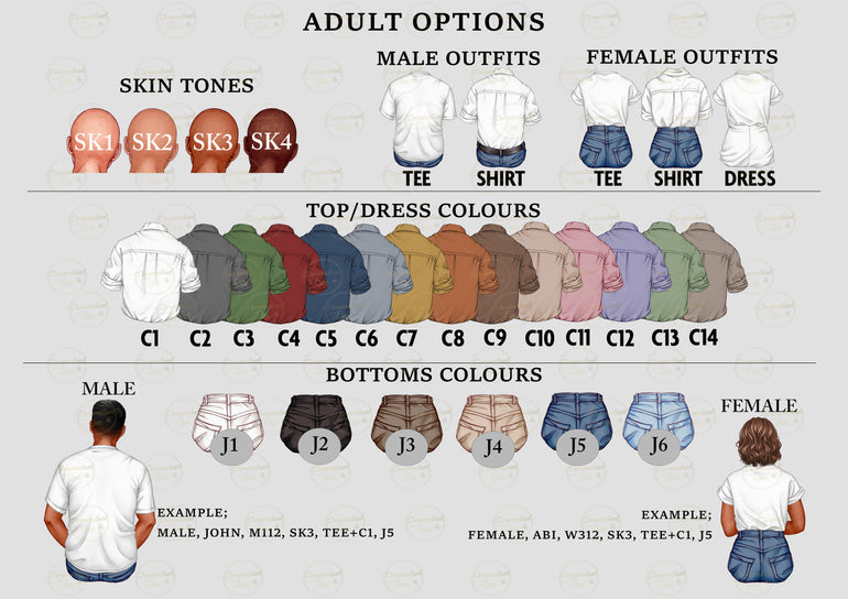 Female character options chart for personalised dog art acrylic plaque.