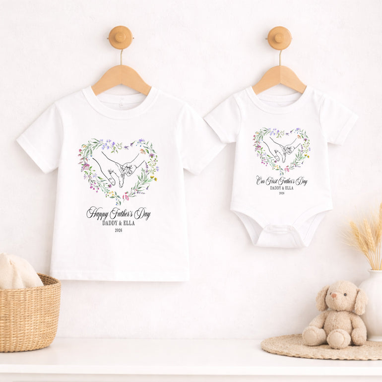 Floral hand line art Father’s Day child T-shirt and baby vest with personalised names.
