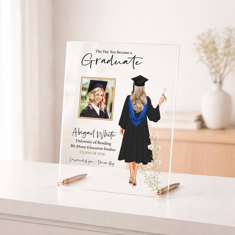 personalised graduation acrylic plaque with photo and metal rods