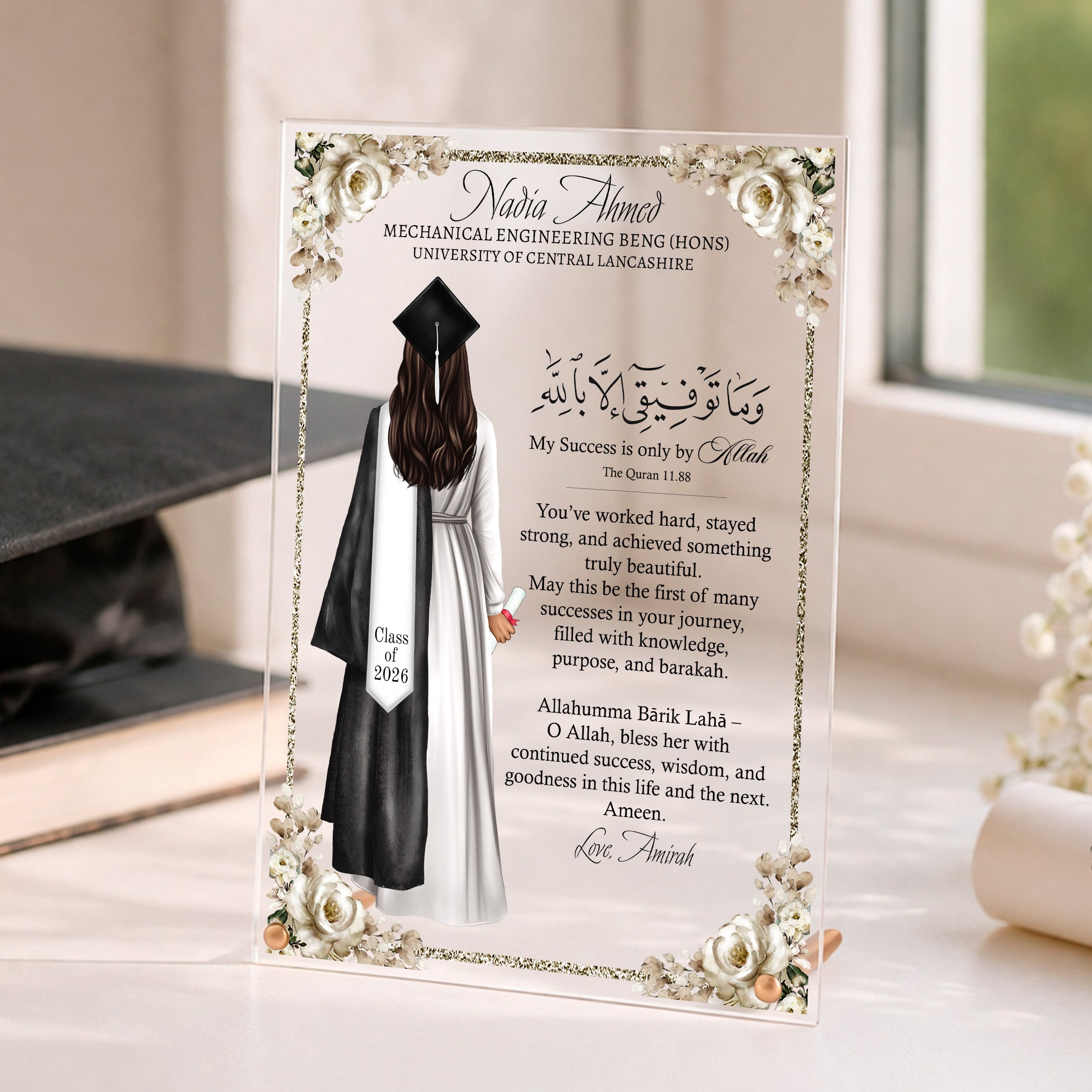 Personalised Islamic graduation plaque for her with hijabi graduate illustration