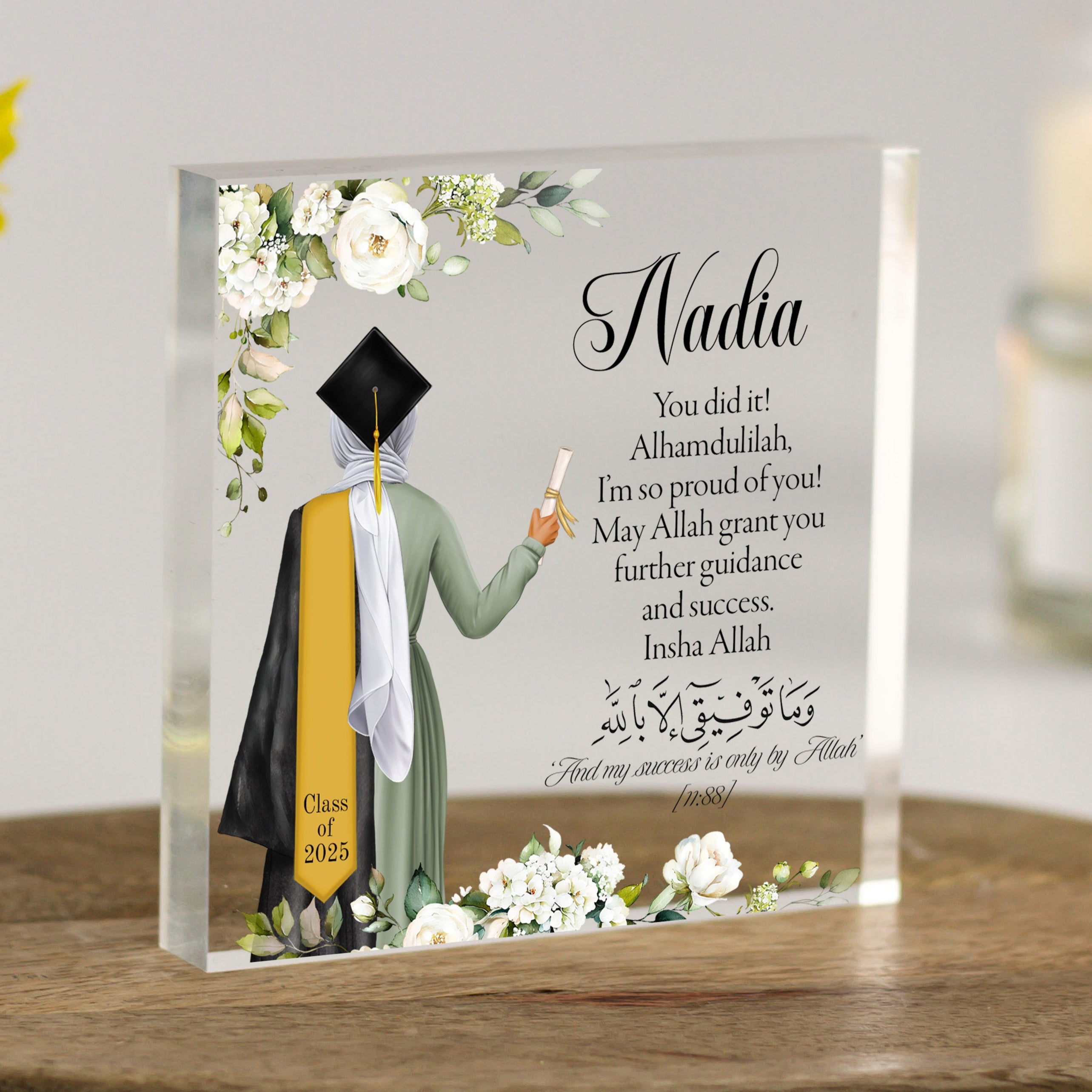 Personalised Muslim female graduation acrylic plaque with hijabi illustration, floral design, and Arabic verse.