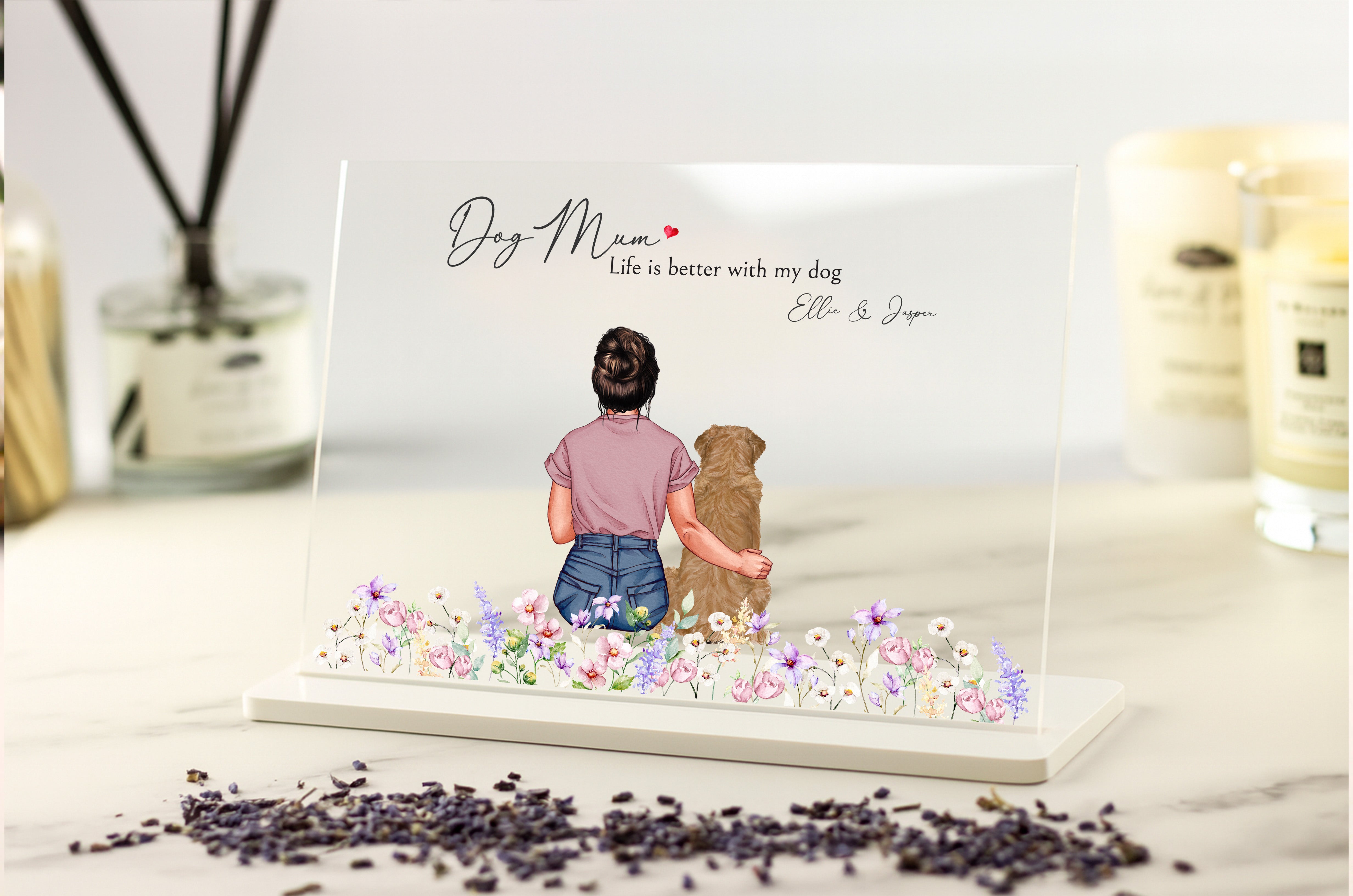 Personalised Dog Mum acrylic plaque gift with female and dog illustration and names.