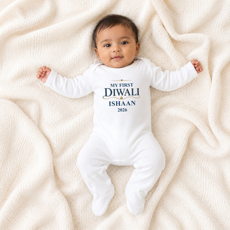 Baby wearing personalised My First Diwali baby grow with name and year