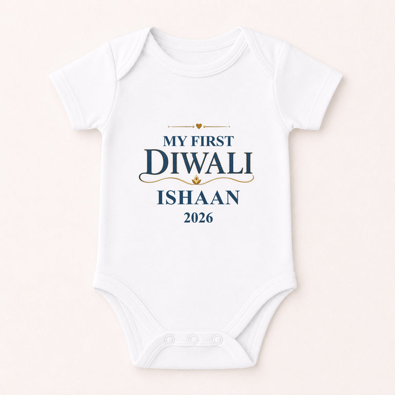 Personalised First Diwali baby vest with navy and gold name design