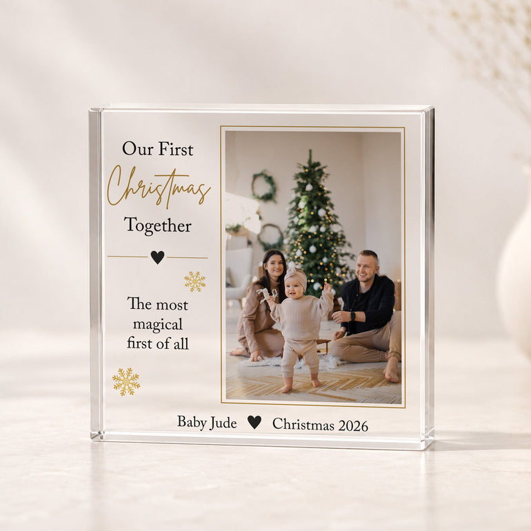 Personalised baby's first Christmas acrylic photo block featuring family photograph, baby's name and Christmas year
