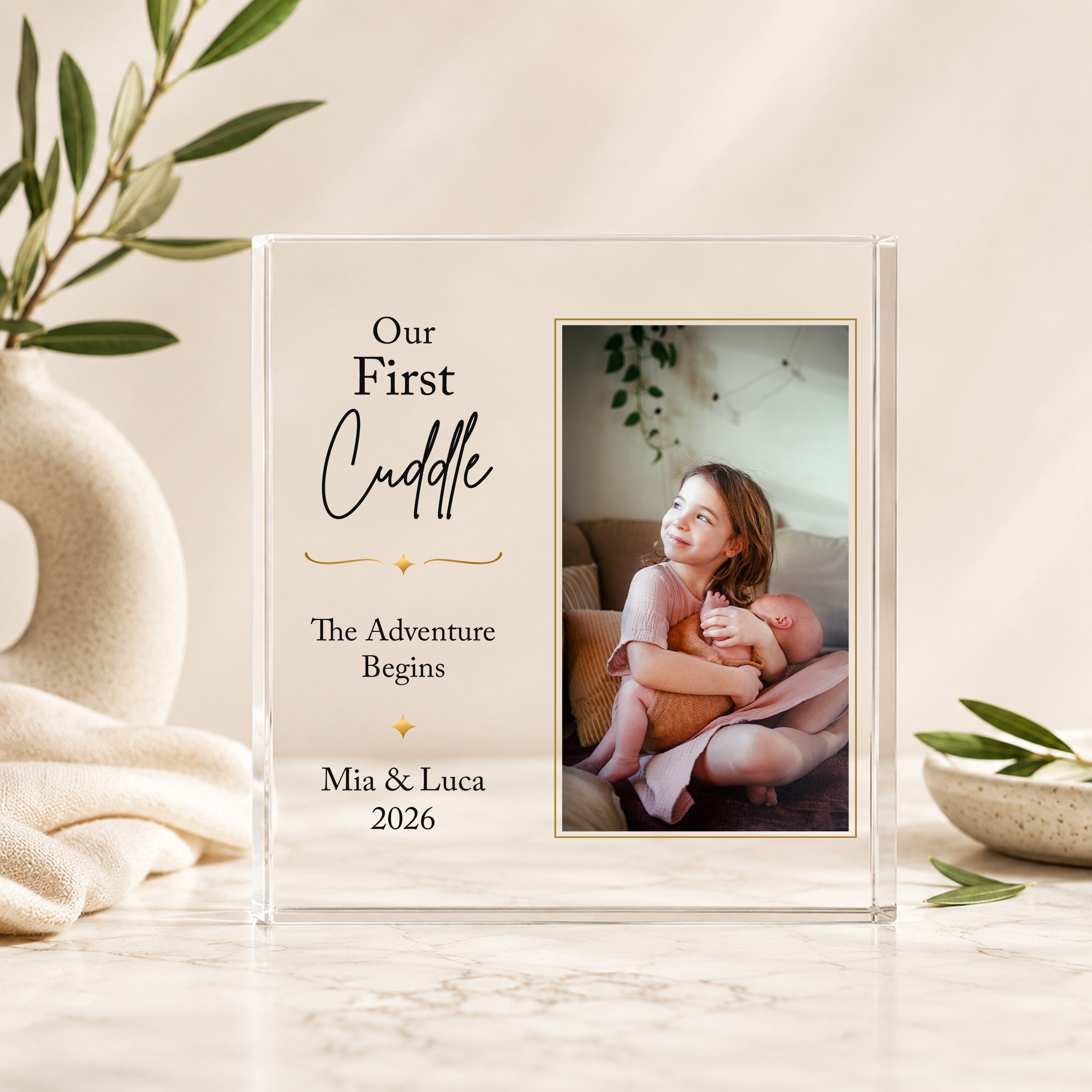 Personalised new sibling acrylic photo block with big sister cuddling new baby, children's names and year