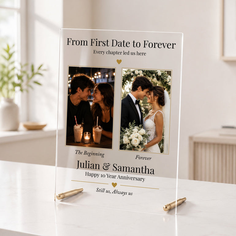 Main Image Alt Text:
Personalised anniversary acrylic photo plaque for a couple with first date and wedding photographs, names and metal display rods