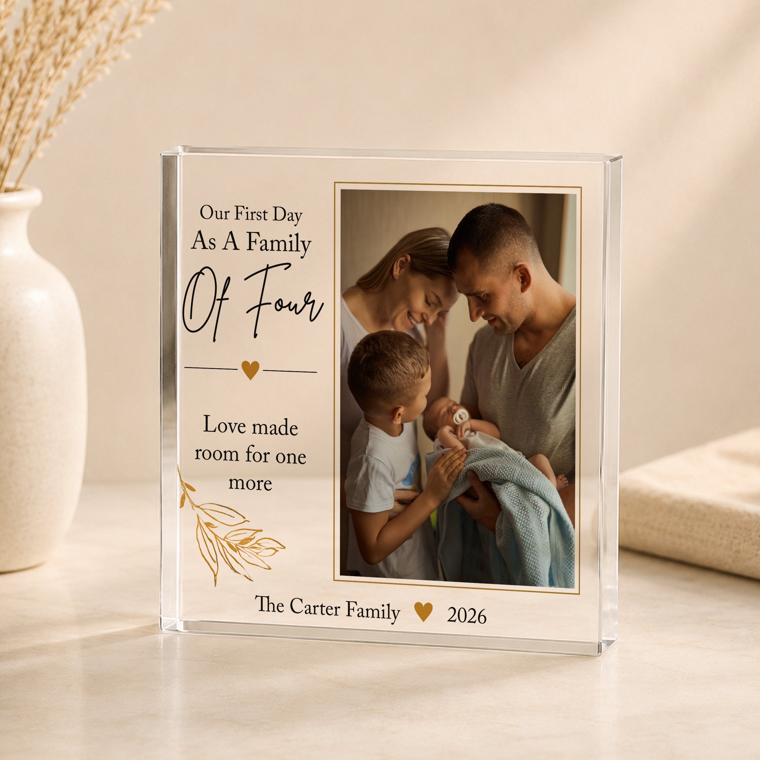 Personalised family of four acrylic photo block with new baby family photograph, family name and year