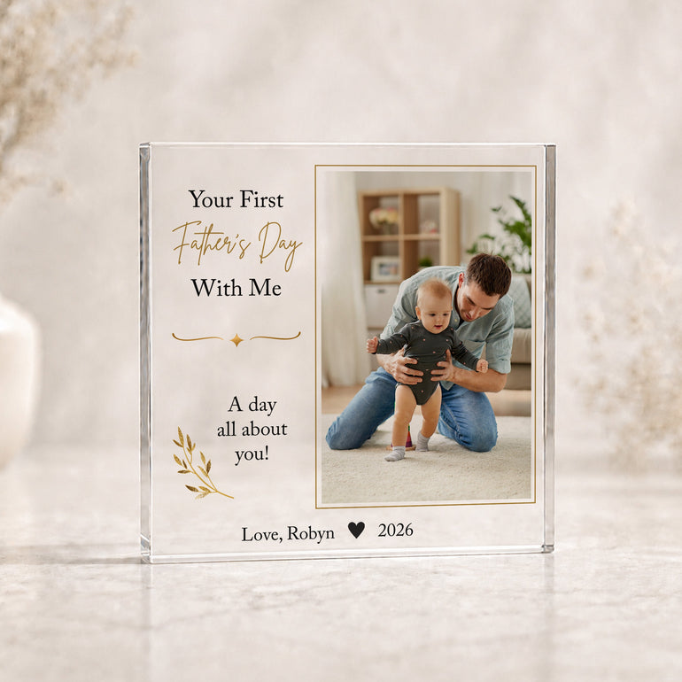 Personalised first Father's Day acrylic photo block with Dad and baby picture, child's name and year