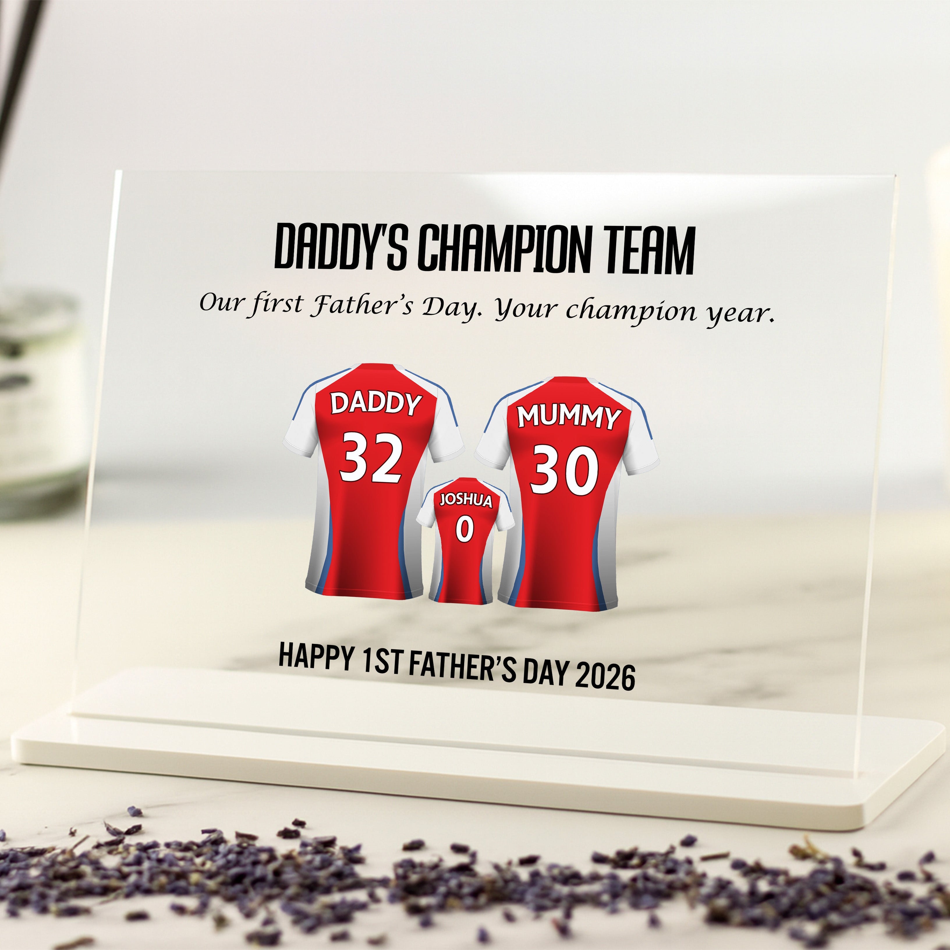 Personalised first Father’s Day football acrylic plaque with Daddy and baby shirts, custom names, numbers and team shirt design.