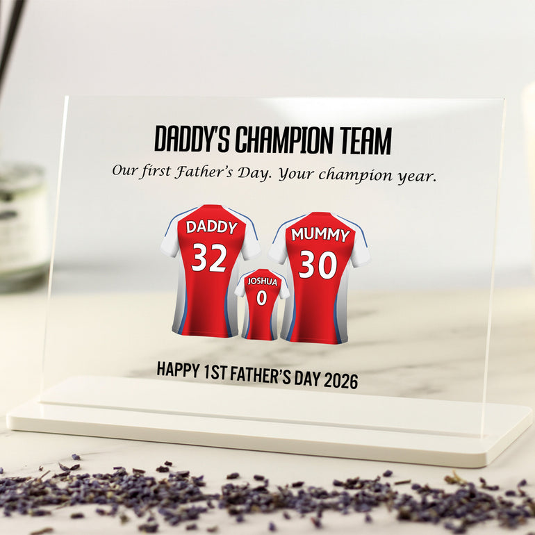 Personalised first Father’s Day football acrylic plaque with Daddy and baby shirts, custom names, numbers and team shirt design.