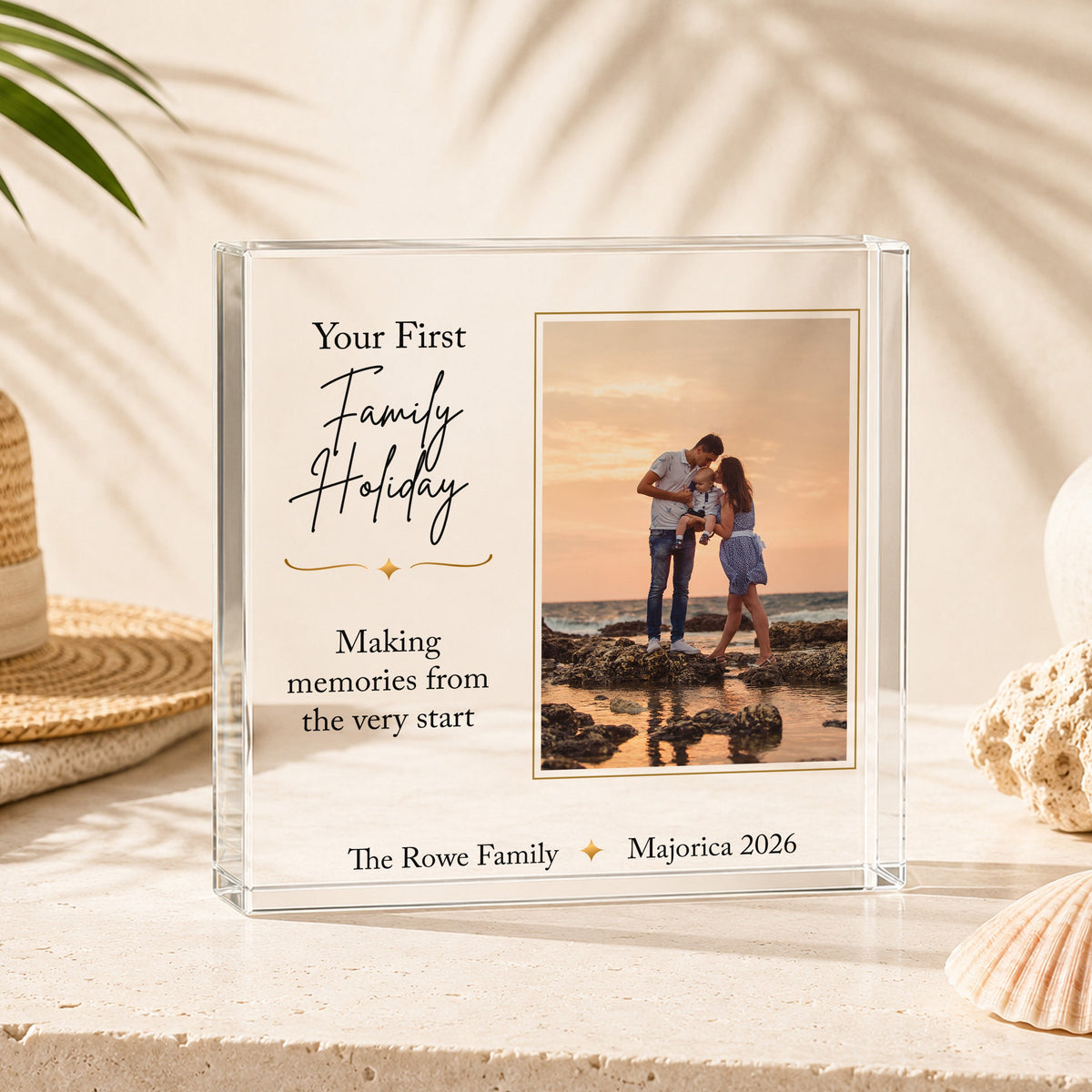 Personalised first family holiday acrylic photo block with family travel picture, destination, family name and year
