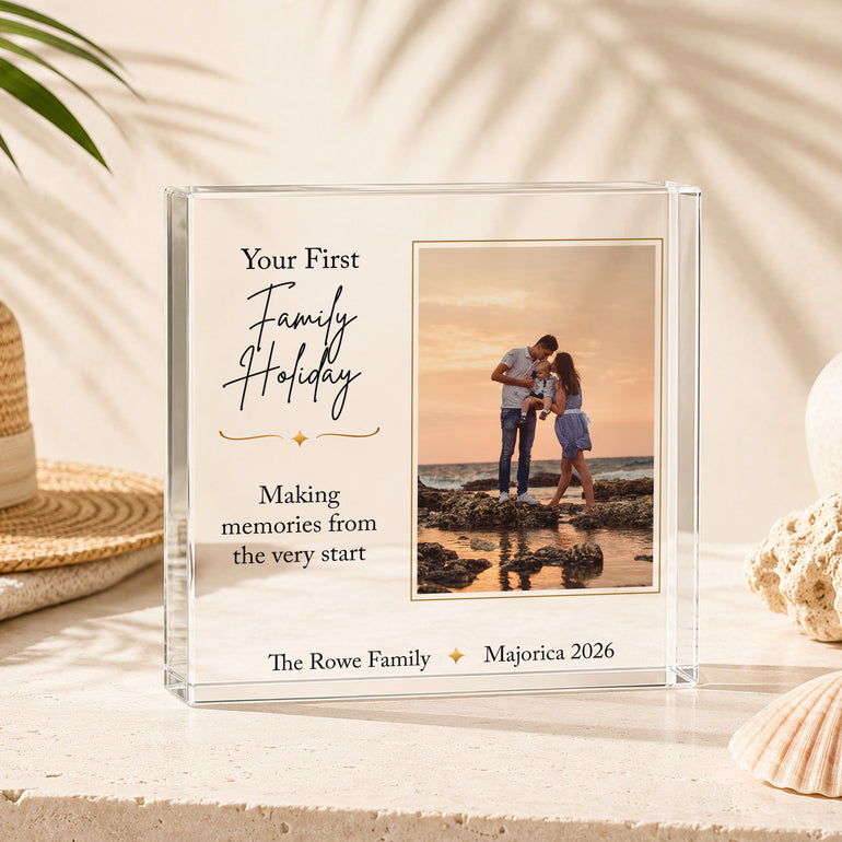 Personalised first family holiday acrylic photo block with family travel picture, destination, family name and year