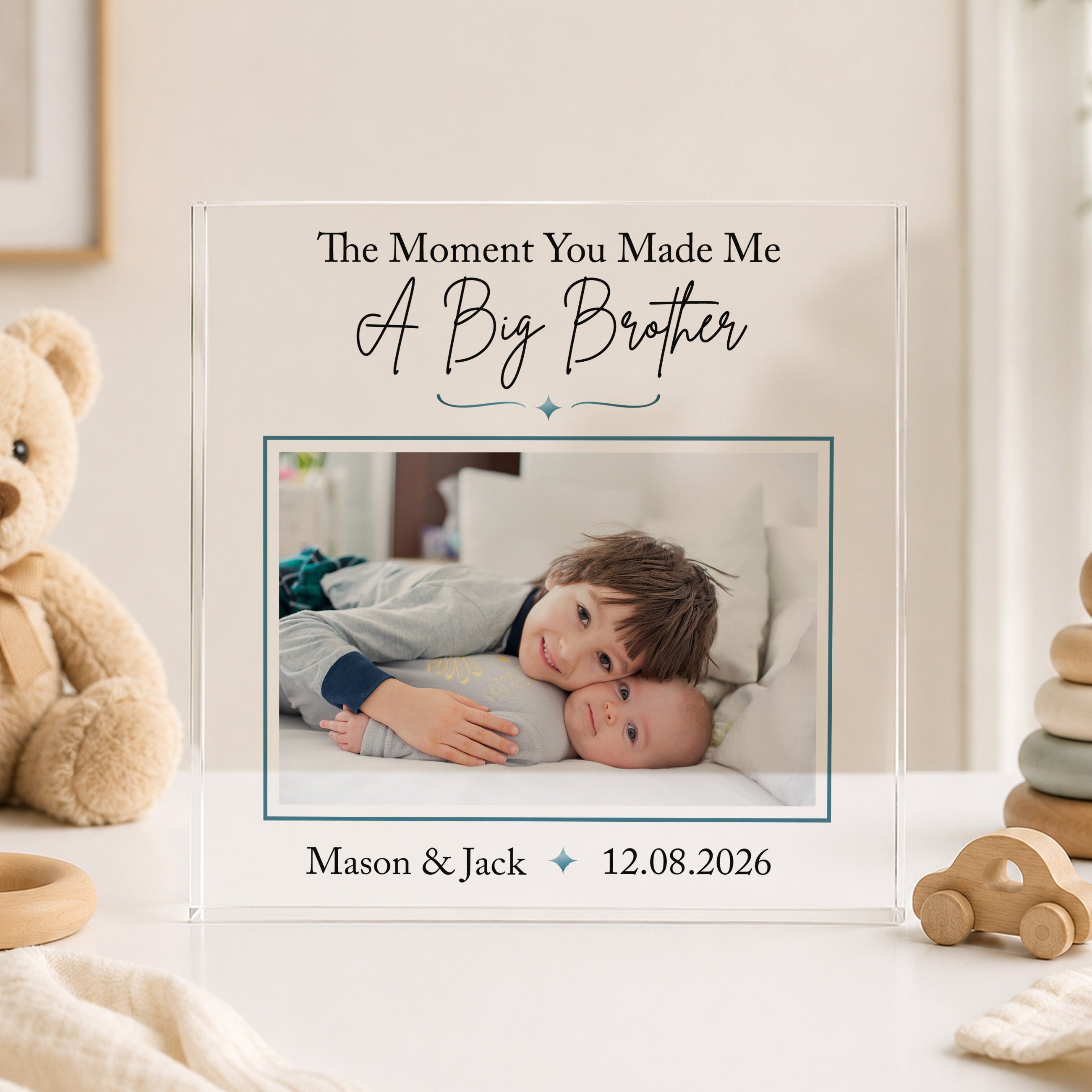 Personalised big brother photo acrylic block with sibling photograph, children’s names and special date