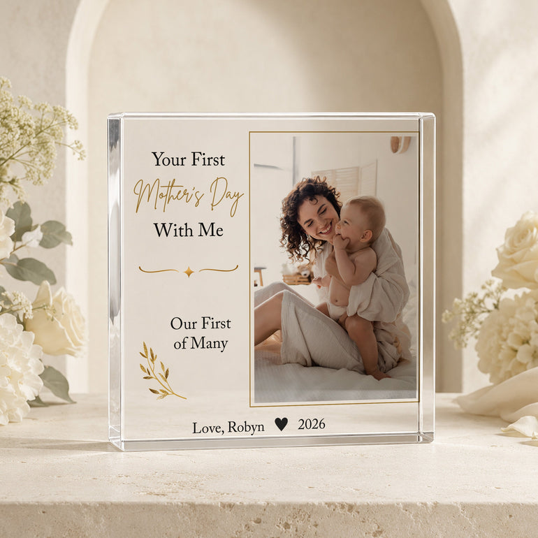 Personalised first Mother’s Day acrylic photo block featuring Mum and baby photograph, personal sign-off and year.