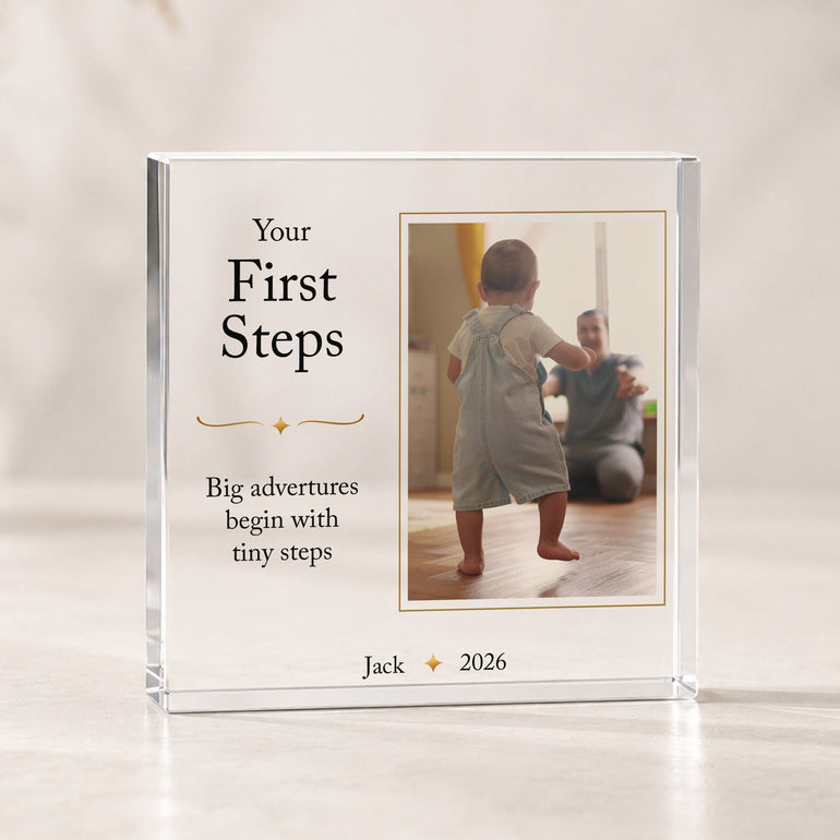 Personalised baby first steps acrylic photo block featuring a child's first walking photograph with their name and year.