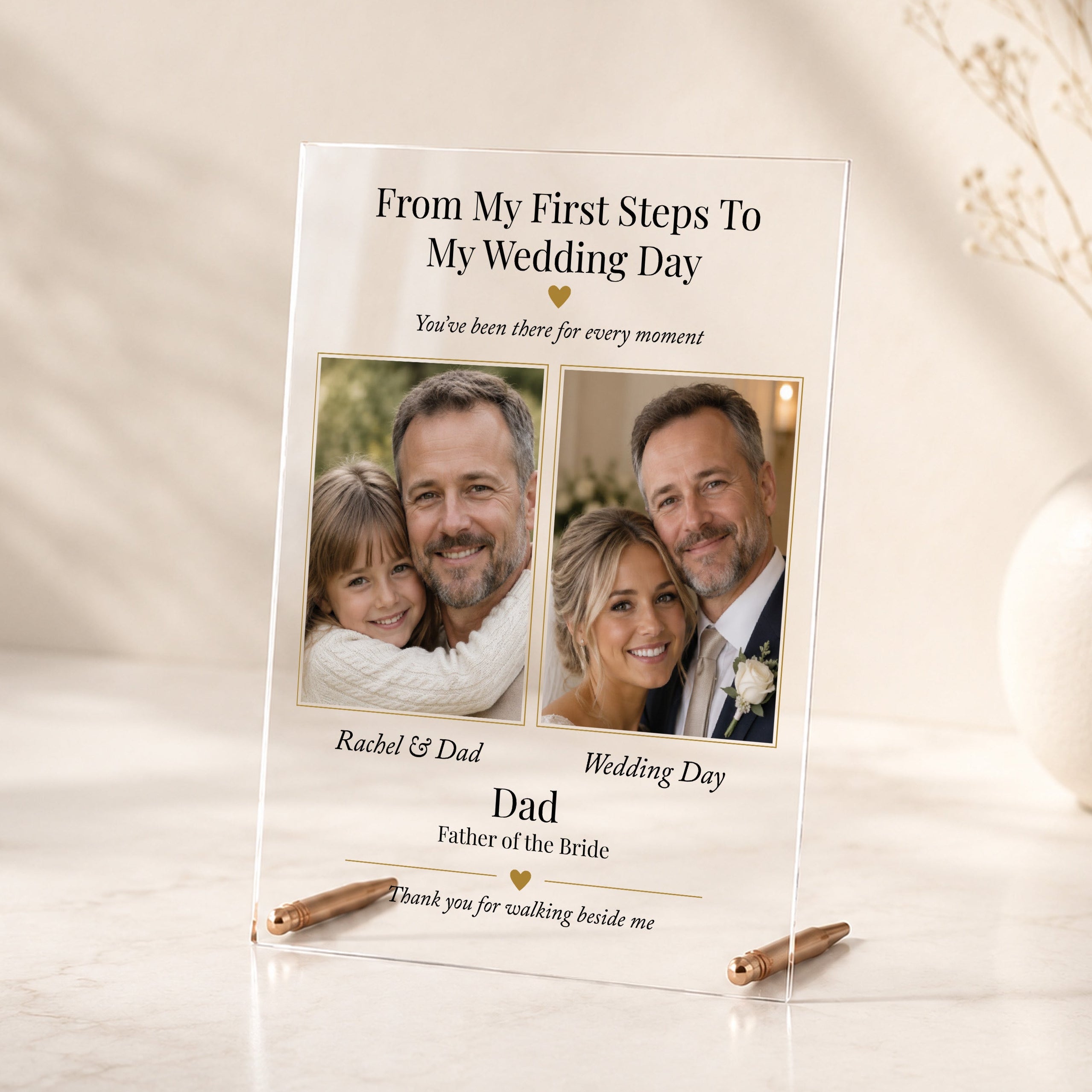 Main Image Alt Text:
Father of the Bride personalised acrylic photo plaque with childhood and wedding day photos of Dad and daughter